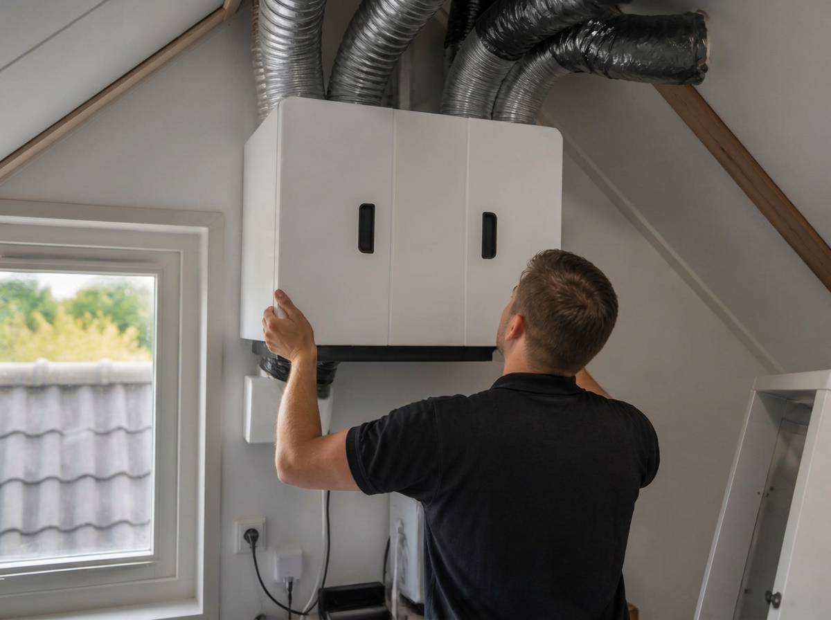 Monteur vervangt een witte ventilatie-unit onder het dak
